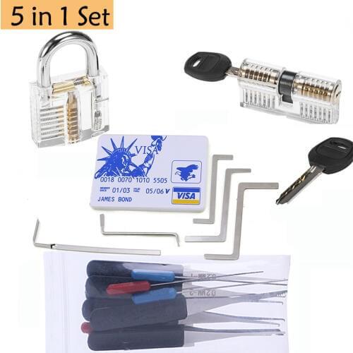 5 in 1 Locksmith Tool Picking Kit 2pcs Transparent Lock with 5pcs Mini Tool,10pcs Broken key Remove Tool,5pcs Tension Tools