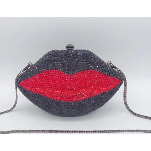 2021 New Arrival Red/Black Rhinestone Evening Clutch Bag Luxury Elegant Womens Mouth-Shaped Party Shoulder Handbag Minaudiere