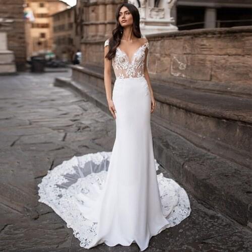 Charming Mermaid Wedding Dresses Sheer Neck Cap Sleeve Lace Appliques Button Satin Bridal Gown Sweep Train Vestidos De Noiva