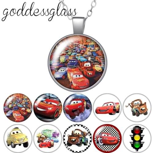 Disney Pixar McQueen Mater Jackson Matt Round Glass glass cabochon silver plated/Crystal pendant necklace jewelry Gift