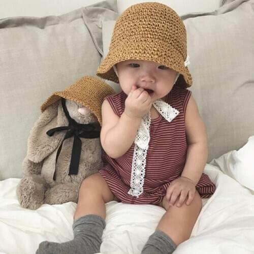 Spring Summer Baby Boy Girl Bucket Straw Hat Cap Crochet Lace Up Outdoor Beach Sun Visor Block Hat Children Kids Hats and Caps