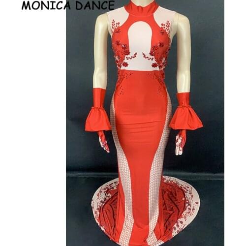 Sexy Fashion Red Sleeveless Long Dress Sparkly Crystal Rhinestone Bodycon Trailing Dress Birthday Celebration Party Dance Dress