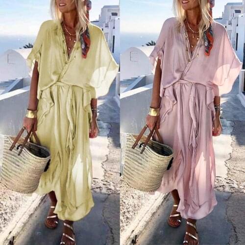 Boho Loose Solid Color V Neck Short Sleeve Ruffled Women Summer Beach Maxi Dress