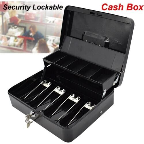 Portable Security Lockable Cash Box Tiered Tray Money Drawer Safe Storage Black Home Office Container Tool