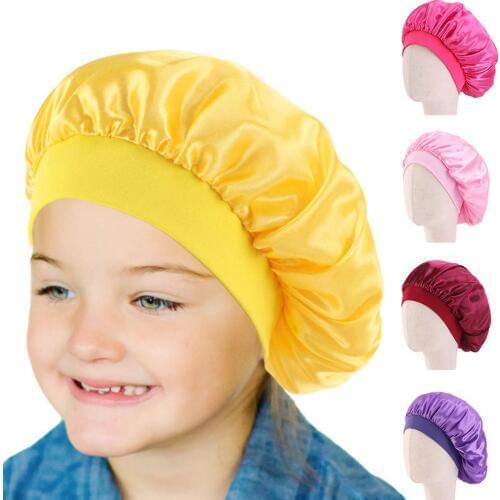 Solid Color Kids Wide Brim Elastic Night Sleep Bonnet Shower Hat Hair Care Cap