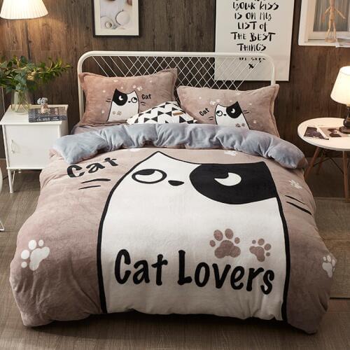 High-Quality Flannel Cartoon Printed Bedding Set Winter Warm Fleece Soft Duvet Cover Flat Sheet Pillowcases Twin Queen Size 4pcs