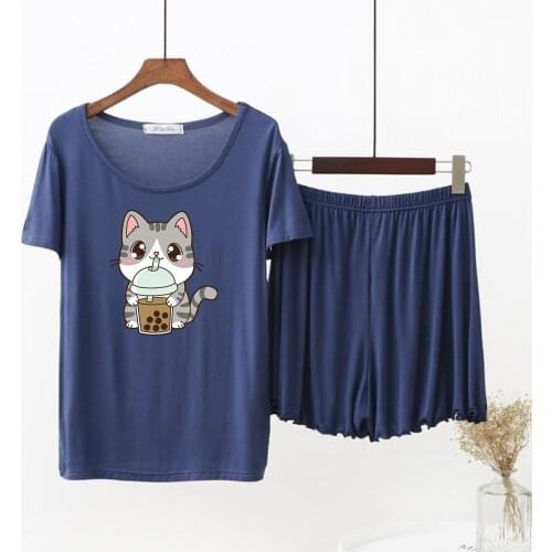 Modal Cotton Plus Size Pajamas For Women Short Sleeve Summer Homewear Cute Cat Drinking Pearl Milk Tea Cartoon Women Sleepwear