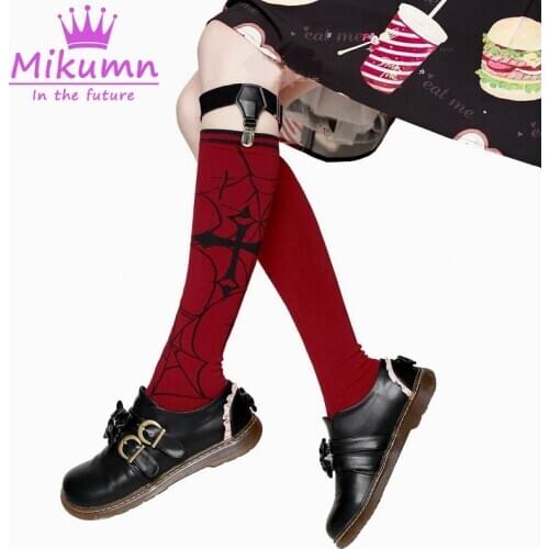Harajuku Gothic Lolita Black Red Spider Web Cross Cotton Knitted Socks Punk Streetwear Women Long Socks