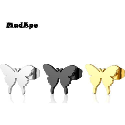 MadApe Cute Butterfly Earrings Stainless Steel Silver Color Black Gold Stud Earrings For Women And Girl Earrings Wholesale