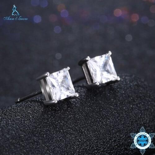 Ann&Snow 925 Sterling Silver Stud Earrings Square Shape Clear CZ Cubic Zirconia Stone Earrings for Women Fine Jewelry