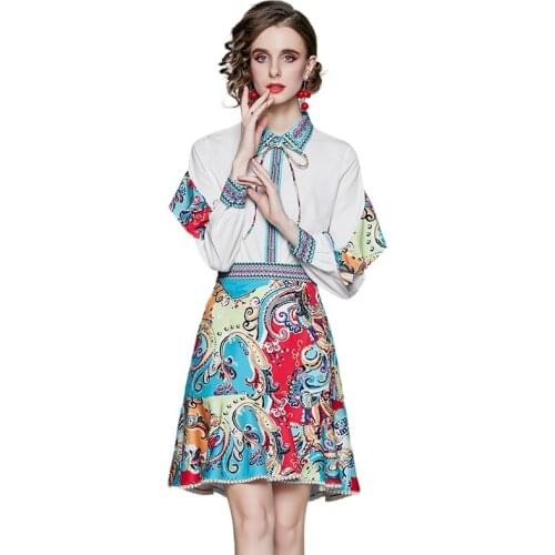 2021 New Spring Runway Contrast Color 2 Piece set women Long Sleeve Ruffles Shirt Beading Pearls Mermaid Skirts Suits Female