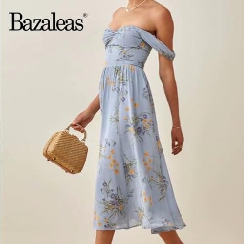 2021 Elegant Center Ruched Dresses Sexy Off Shoulder Vestidos Blue Floral Print Midi Summer Women Dress