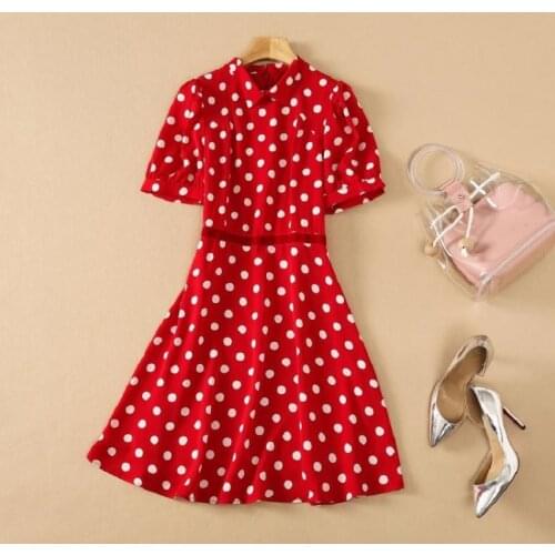 High Quality New Runway Dress 2021 Summer Ladies Turn-down Collar Polka Dot Print Belt Deco Short Sleeve A-Line Casual Red Dress
