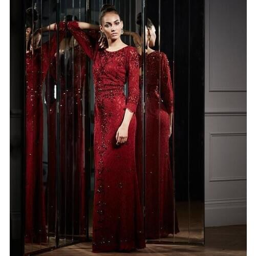 Free shipping robe de soiree crystal red lace sleeves long evening Dress 2018 new fashion vestido de festa longo Formal dresses