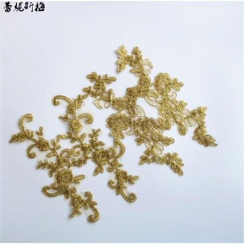 20pair/40pcs Wedding Dress Floral Embroidery Sewing Patches Gold Cord Lace Applique Flower Trims DIY Craft Sewing Applique B0584