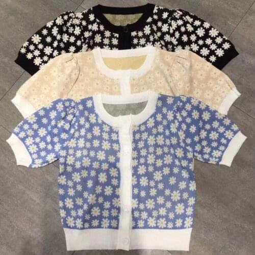 2021 Summer Women O-neck Thin Knitted Sweater Mujer Floral Casual Korean Chic Crop Top Femme Puff Sleeve Cardigan Jersey Mujer