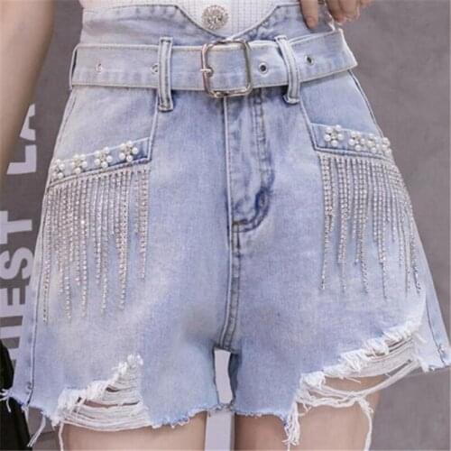 2021 New European Style Beaded Rhinestones and Fringed Denim Shorts Womens Shorts Personality Frayed and Worn-out Hot Shorts