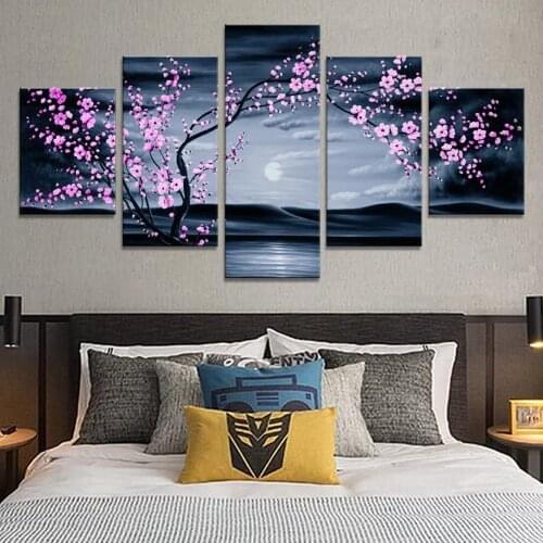 No Framed Canvas 5Pcs Sakura Tree Lake Night Scene HD Wall Art Posters Pictures Paintings Home Decor Accessories Room Decoration