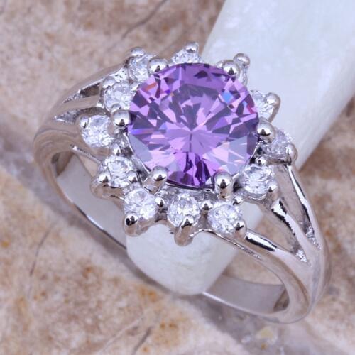Angelic Purple Cubic Zirconia White CZ Silver Plated Stamped Ring Size 6 / 7 / 8 / 9 R0139