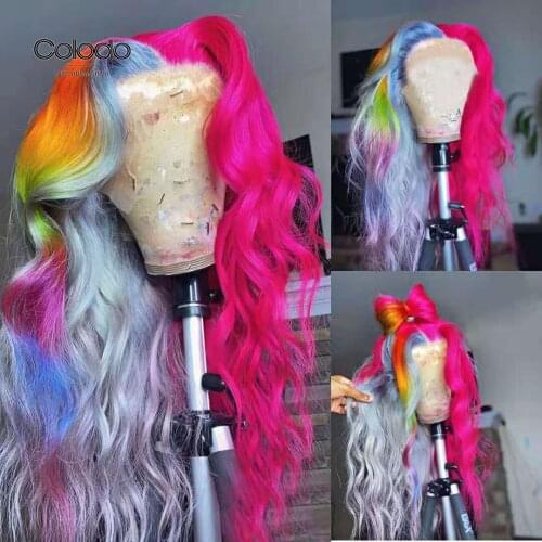 Colored Lace Front Wig Remy Human Hair Ombre Rainbow Lace Front Human Hair Wigs Preplucked Body Wave Transparent Lace Wigs