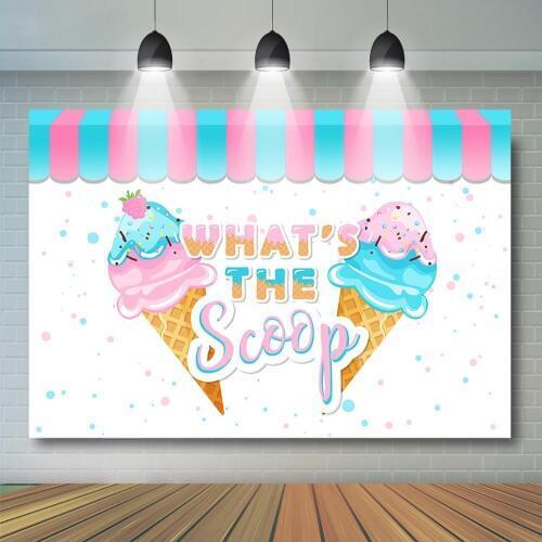 Ice Cream Baby Shower Backdrop Boy or Girl Gender Reveal Party Decor Pink or Blue Whats The Scoop Background