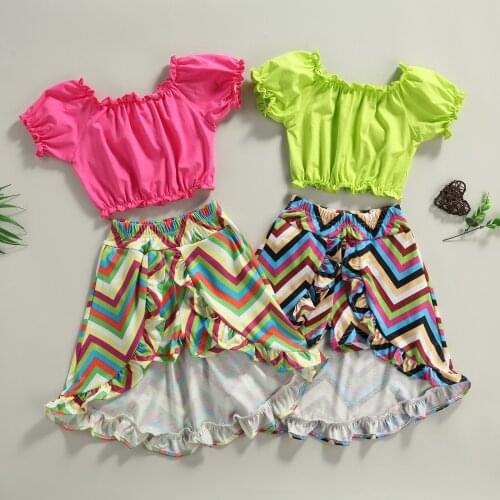 Baby Girls Clothes Set Solid Color Short Puff Sleeve Cropped Tops + Printed Irregular Hem Skirt