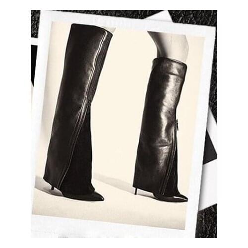 New Fashion Suede Leather Patchwork Women Flodover Mid-Calf Boots Sexy Pointy Toe Ladies Blade Heel Boots Zipper Knight Boots