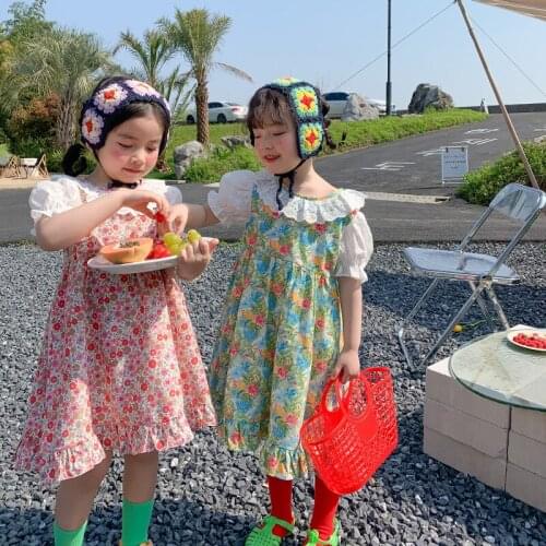 Summer New Arrival Korean style girls princess dress matching lace sweet girls sweet dree flowers printed short sleeve cute