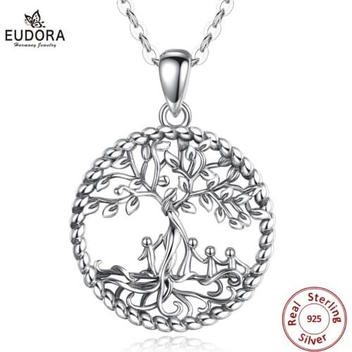 EUDORA Sterling Silver Tree of Life Necklace Women and four cute baby style Pendant with box Jewelry Gift for Grandma mom D475-4