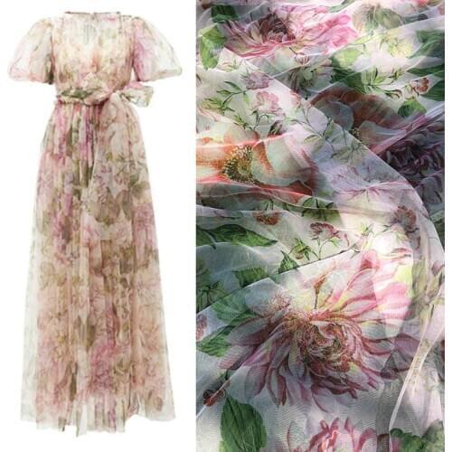 Pink peony printed mesh polyester fabric cloth Factory custom production brand breathable fashion wedding sewing fabric