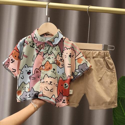 New Summer Children Clothes Baby Boys Girl Cartoon Full Print Cat Shirts Shorts 2Pcs/sets Infant Kids Trend Toddler Tracksuits