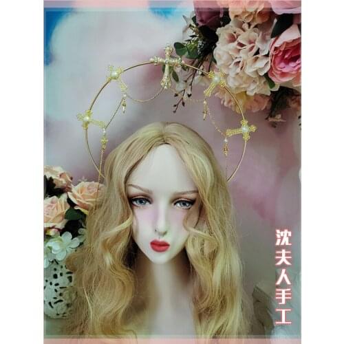 Retro Gothic Lolita Cross Chain Goddess Virgin Mary Tiaras Hair Crown Godmother Halo Crown Baroque Headband Cosplay Headdress