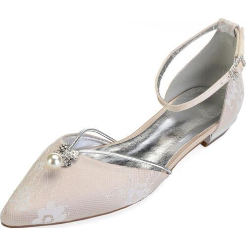 Comfort Flat Lace Wedding Shoes for Bride Pointed Toe Ankle Buckle Strap Pearl Wedding Bridal Party Dress Flats