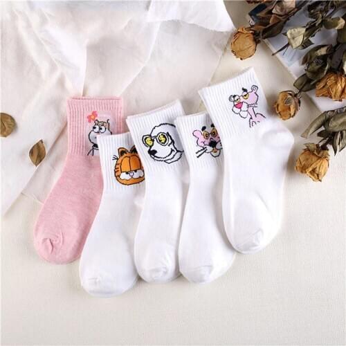 Japanese Kawaii Women Animals Cartoon Tube Socks Cute Egg Rabbit Panther Cotton Long Socks Female and Ladies Pink Milk White Sox