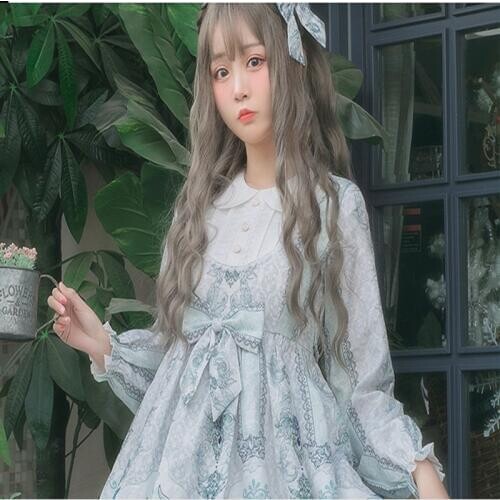 Japanese sweet lolita dress retro lace bowknot peter pan collar high waist printing victorian dress kawaii girl gothic lolita op
