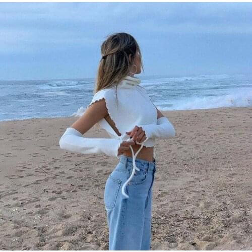 SEASONS Spring Autumn Fashion Casual Solid Rib Knit T-Shirt With Removable Sleeves Women Bandage Crop Top Wild Basic ASTS82823
