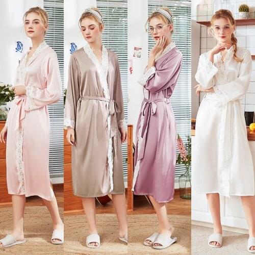 2021 Silky Stain Pajamas Women Spring And Summer Morning Robe Home Long Sleeve Nightgown Homerobes for Female Szlafrok Satynowy