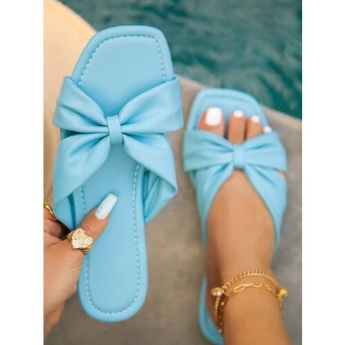 Womens Slippers 2021 Summer Bow Luxury Square Head Flat Heel Female plus size outdoor beach comfortable Sandals