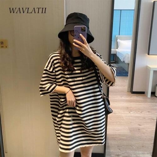 WAVLATII New Women Striped Short Sleeve T shirts Lady Oversized Cotton Tees Female Casual Streetwear Tops for Summer WT2143