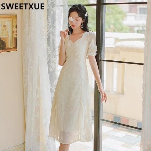 SWEETXUE Womens Summer 2021 Korea French Retro Puff Sleeve Beaded Sweet Embroidery Party Chic Dress Female Vestidos Mujer