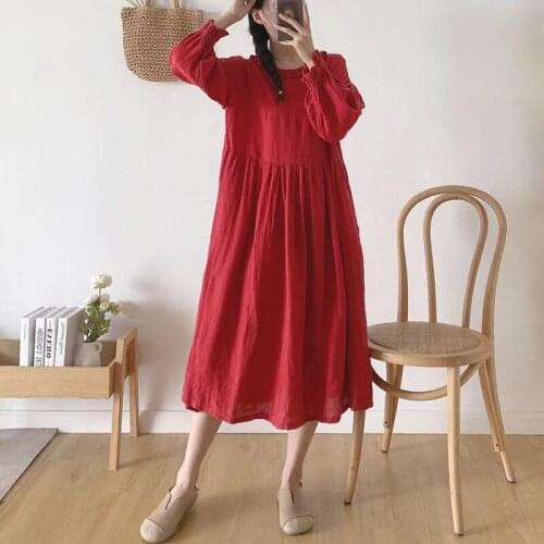 Johnature 2021 Autumn New Japanese Linen Ruffles Collar Dress For Women Vintage Solid Color Loose Full Sleeve Hollow Out Dresses