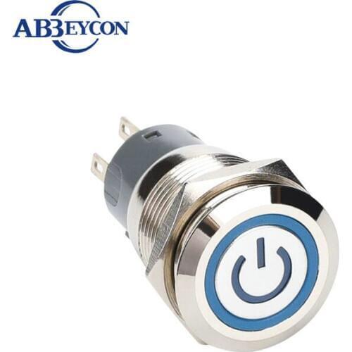 12V GREEN led ON-OFF latching 19mm ring and power character illuminated 1NO1NC metal button logo switch