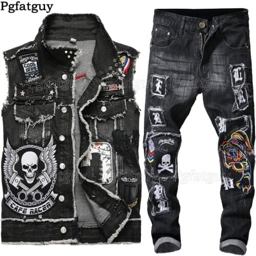 2020 Mens Motorcycle Sets Washed Black Embroidered Skull Two Piece Set Cowboy Vest + Frayed Tiger Badge Stretch Hole Jeans