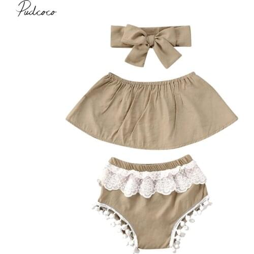 2020 Lovely 0-24M Newborn Infant Baby Girl Clothes 3pcs Off Shoulder Crop Tops Blouse+Lace Tassel Shorts Headband Summer Set