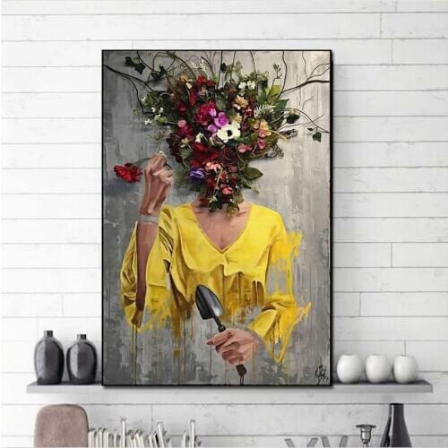 Flowers Woman Abstract Canvas Painting Wall Art Print Poster Picture Decorative Painting Living Room Home Decoration