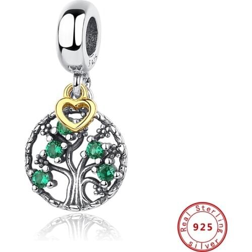 Authentic 100% 925 Sterling Silver Bead Charm Green CZ Family Tree Dangle Fit Pandora Original Charms Bracelet Necklaces Jewelry