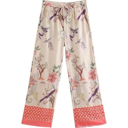 TRAF Women 2021 Fashion Elegant Patchwork Birds Floral Print Wide Leg Pants Elastic Waist Lace Up Trousers Streetwear