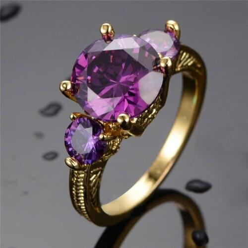 Elegant Female Purple Crystal Stone Ring Yellow Gold Color Wedding Rings For Women Vintage Big Bride Round Engagement Ring