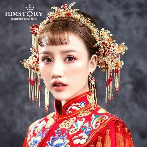 HIMSTORY 10pcs/set Red Bridal Wedding Hairwear Vintage Chinese Wedding Tiaras Hair Piece Ancient Princess Hair Stick Accessories