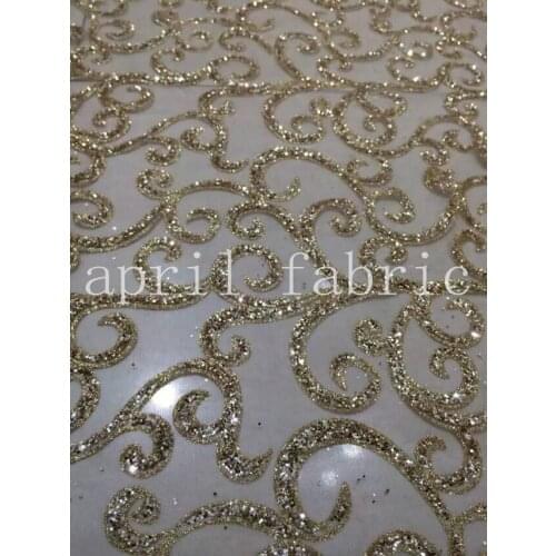 Hll018 champagne gold pattern glitter shining flower hand print for sawing/wedding /lady dress design ,free shipping by dhl